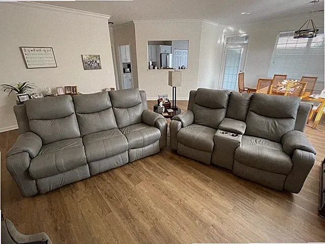 Southern Motion light gray taupe leather recliner sofa & love seat, gently used